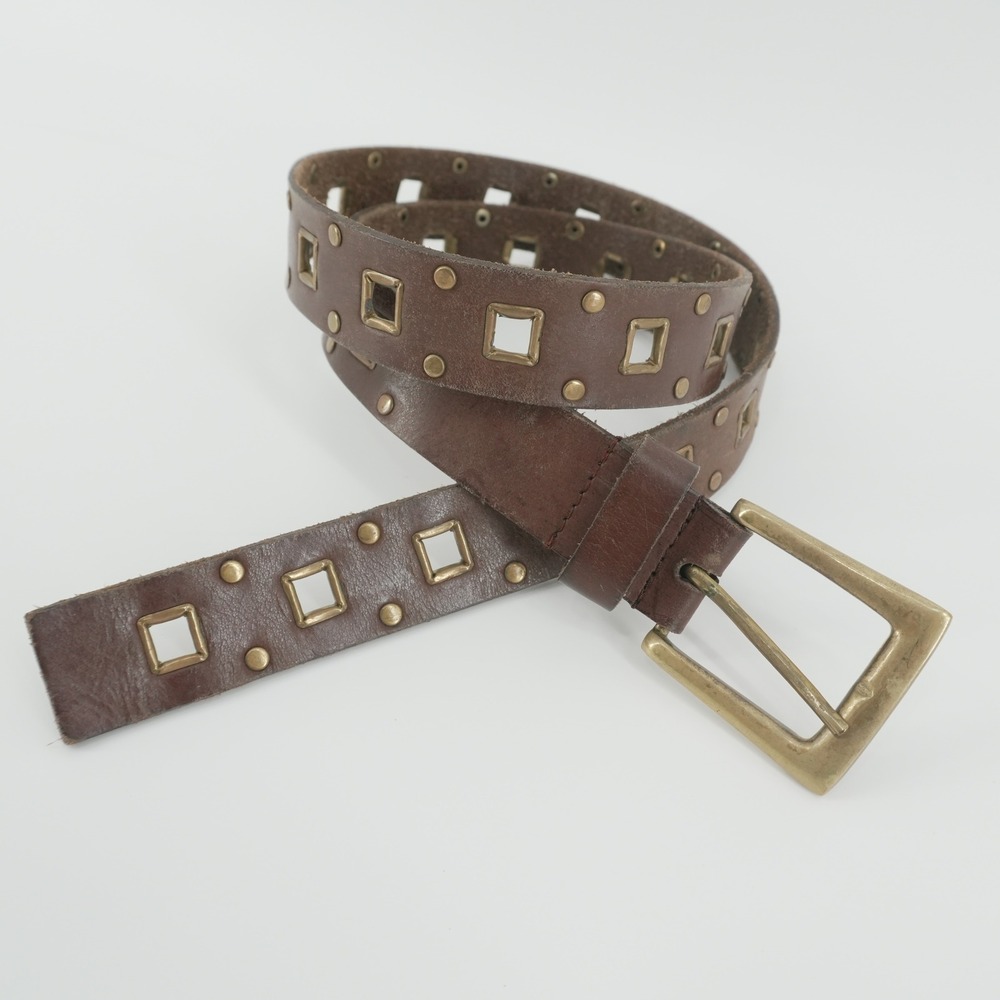 Studded Leather Belt Women 32-34 Brown Square Grommet Solid Brass Buckle